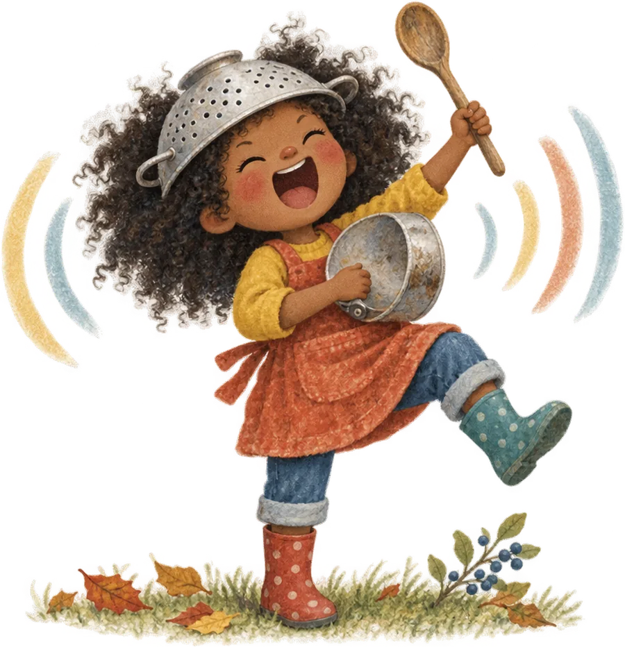 A girl mid-dance with a colander on her head, banging a saucepan with a wooden spoon, one welly in the air